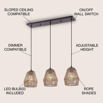 Ibiza Island 30" Seagrass/Metal Bohemian Coastal LED Pendant - JONATHAN Y